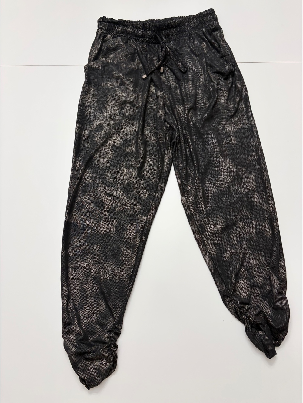 Ariella Ruched Foil Shimmer Drawstring Pants Black and Gold Size Small